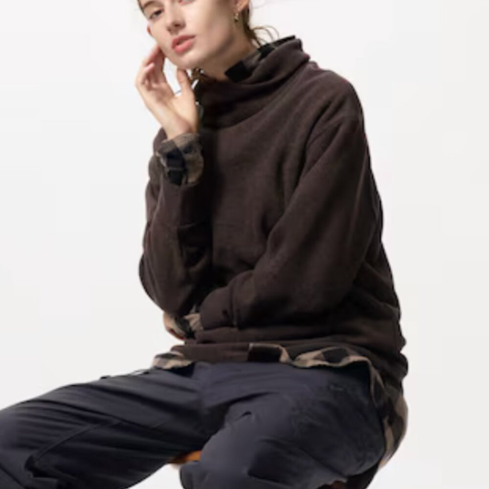 Uniqlo | Top | Soft Knitted Fleece Ribbed T-Shirt High Neck  Long Sleeve | Brown - Picture 9 of 9